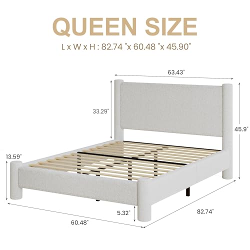 REVOMINCA Queen Boucle Bed Frame with Headboard & Footboard, White | Upholstered platform frame has soft rounded corners, no box spring required and easy assembly. - color: White, size: Queen
