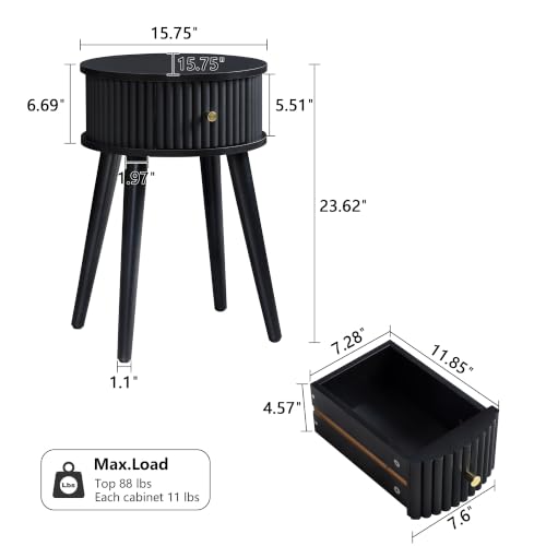 Round Fluted Side Table Set of 2, Small End Table with Fluted Drawer, Mid-Century Modern Wooden Bedside Table Round Nightstand Small Sofa Side Table for Living Room(Black) - color: Black, size: 15.7"D x 15.7"W x 23.6"H