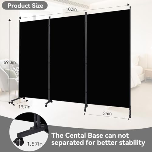 Folding Room Divider W/Wheels,Heavy Duty Base Privacy Screen Separator | 360° Smooth Lockable Rolling Wheels,Foldable Freestanding Wall Divider,Easy Movable Partition for Room Separation - color: Black, size: B-102''-3 Panel