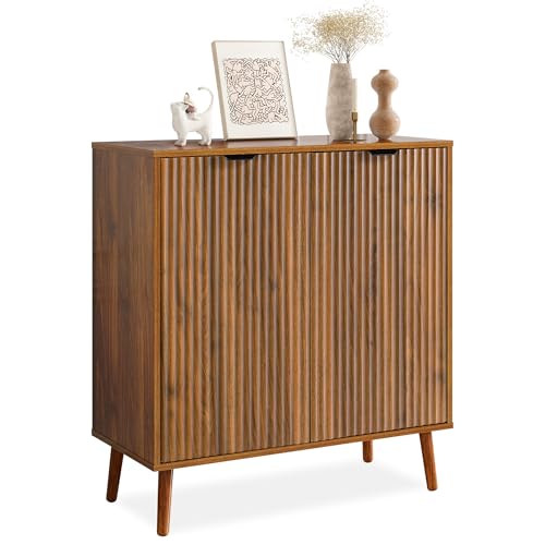 LYNCOHOME Fluted Sideboard Buffet Cabinet with Storage, 2 Doors with Solid Wood Feet for Kitchen, Hallway - size: 15.8"D x 31.5"W x 34.6"H
