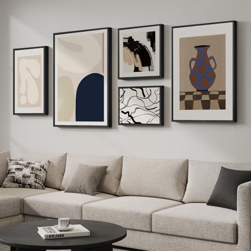 Large Framed Neutral Abstract Wall Art Set for Living Room, 5 Piece Black and White Canvas Prints Artwork for Walls, Modern Gallery Minimalist Pictures for Bedroom Dining Room Hallway Wall Decor - color: Black & White - 5Pcs