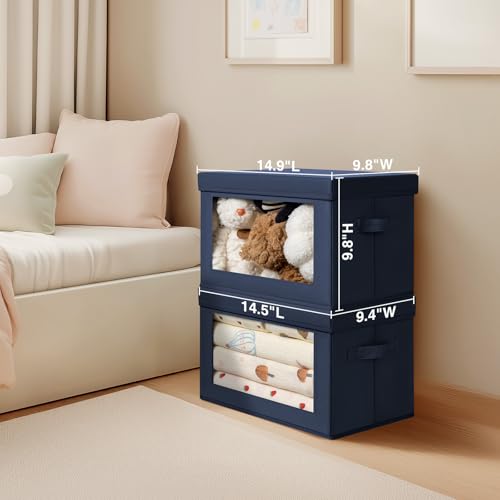 Organizing Bins with Lid - 4 Pack Foldable Clear Window Storage Bins, Large Storage Boxes with Handles, Storage Containers for Clothes, Towel, Blanket, Sheet, Navy Blue - color: Dark Blue, size: L(4-Pack)