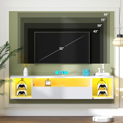 DlandHome 55.1" W Floating TV Stand with LED, Wooden Entertainment Center | Wall Mounted TV Shelf for 50/55/60/65" TV, Media Console with Storage Shelves, Floating Entertainment Center, White - size: 55.1'' White
