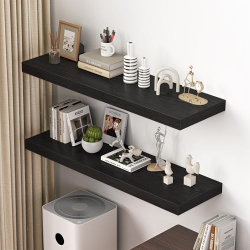 Dreamland 48" Floating Shelves for Wall, 12" Deep Thicker Black Floating Shelves, Wall-Mounted Shelves for Bedroom, Living Room, Kitchen, Bathroom - Set of 2 - color: Black, size: 48"W x 12"D x 2"H, Set of 2