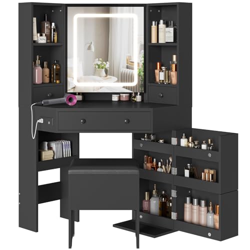 Corner Vanity Desk with Lighted Mirror, Makeup Vanity with Lights and Charging Station, Vanity Set with Mirror and Storage Stool, Makeup Table with Drawers, Rotating Shelves, Black - style: Modern Black