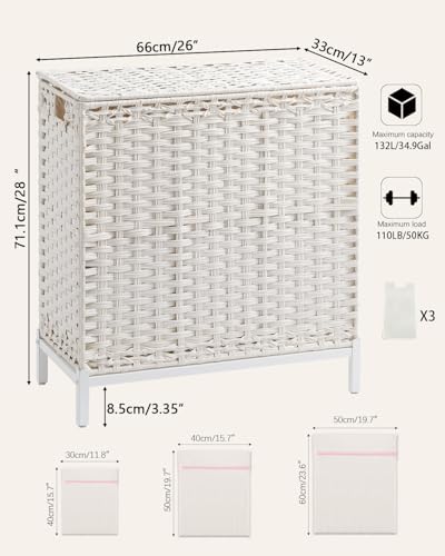 SETVSON Laundry Hamper with Lid, Large 132L Rattan Basket, White | 3-Section Large 35 Gal Clothes Hamper, 3 Removable Bags, Heightened Metal Feet, 6 Mesh Laundry Bags, Steel Frame - color: Cloud White, size: 132 L - 35 gal