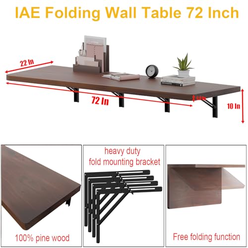 IAE Floating Wall Mounted Folding Table Desk with Pine Wood,72x22in, Walnut | Foldable Workbench,Fold Down Wall Mounted Foldable Desk with Shelf Brackets,Laundry Folding Table for Home,Dining,Kitchen - color: Walnut, size: 72*22*10 Inch