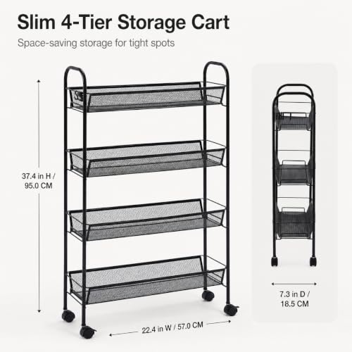 American Dream Black 4-Tier Mesh Basket Rolling Cart with Wheels Slim Metal Storage Organizer Trolley, 22.4" x 7.3" x 37.4"