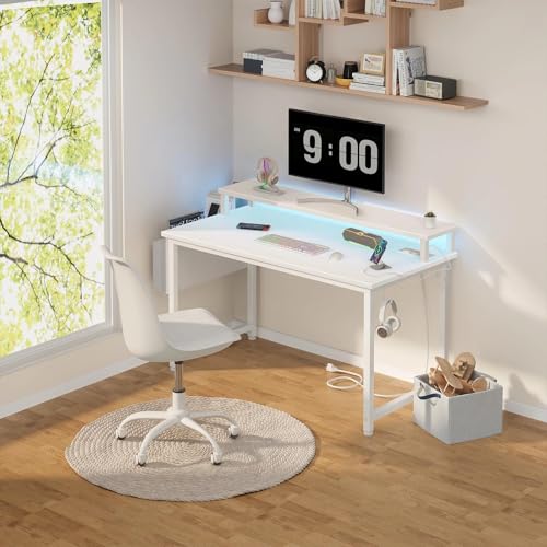 Lufeiya Small White Desk with LED Lights and Power Outlets, 32 Inch Home Office Computer Desks with Monitor Stand, Teen Writing Study Table Gaming Desk with Charging Station, White - color: White, size: 31.5"
