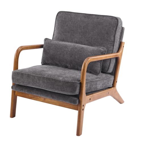Karl home Mid-Century Modern Accent Reading Chair, Grey | Chenille Upholstered, Solid Wood Frame, Soft Cushion, Lumbar Pillow, Lounge Armchair for Living Room, Bedroom, Balcony, Study - color: Chenille Gray
