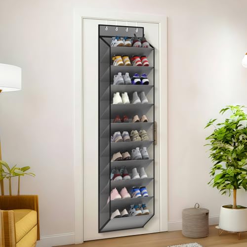 KEEPJOY 10 Tiers Mesh Over Door Shoe Organizer Storage, Hanging Shoe Holder for Door with Large Deep Pockets, Holds 20-30 Pairs of Shoes, Ideal for Sneakers & Boots(Grey) - color: Grey-1 Pack of 10 Cell