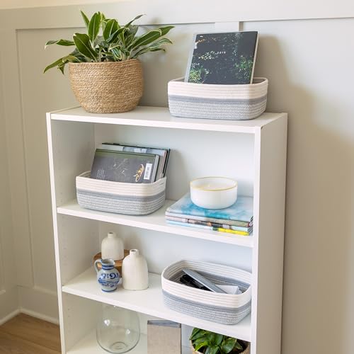 NaturalCozy 11.8"x8"x4.5” Storage Baskets for Shelves 3 Pack | Cotton Rope Woven Small Baskets for Organizing | Small Storage Bins for Nursery, Bathroom, Closet, Cube Shelf, Decorative, Gift Basket - color: Off White & Gray & Mixed Gray, size: 11.8" x 8"