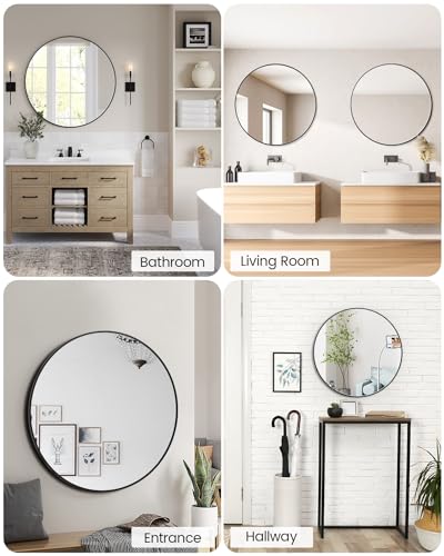 Round Mirror, 32 inch Circle Mirror, HD Eco-Friendly Round Bathroom Mirror for Over Sink, Big Matte Black Metal Framed Wall Mirror for Wall, Vanity, Entryway, Hallway, Living Room, Easy to Install - color: Black, size: 32"L x 32"W