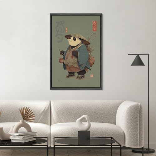 SIGNWIN Framed Canvas Print Wall Art Vintage Japanese Style Traveling Panda Illustrations Modern Art Multicolor for Living Room, Bedroom, Office - 16"x24" BLACK - color: B07-2605-m19, size: 24"L x 16"W