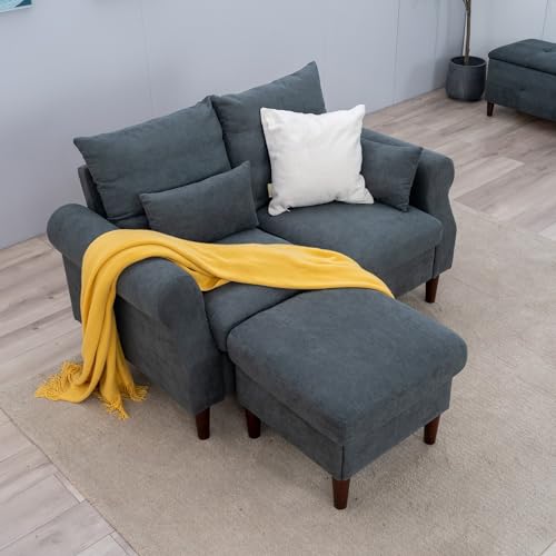 Panana 2 Seater Small Sofa Set with Ottoman, Sectional Loveseat for Small Space Living Room Apartment (Gray, 2 Seater) - color: Gray Linen Fabric, size: 2 seater with ottoman