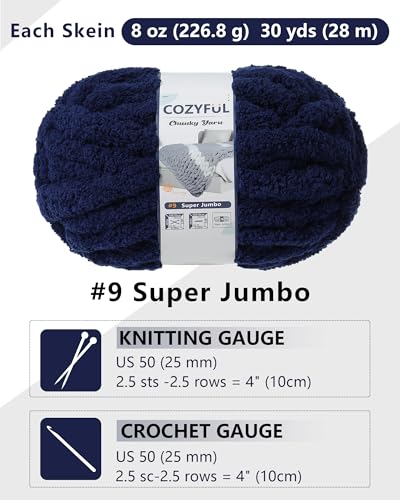 Cozyful Chunky Yarn for Hand Knitting, #9 Thick Jumbo Big Chunky Yarn for Crocheting, Super Chunky Knit Blanket Yarns, Large Chunky Chenille Yarns, 8 Pack (30 yds 8 oz Each Skein), Navy Blue - color: Navy Blue