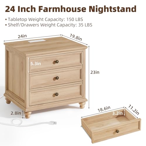 Joaxswe Farmhouse Nightstand with Charging Station, 24" Wide End Table with 3 Drawers,Natural Wood Dresser Cabinet for Bedroom, Bed Side Table Chest of Drawers,Night Stand for Living Room, Closet - color: Natural, size: 19.76"D x 24"W x 22.91"H (3 Drawers