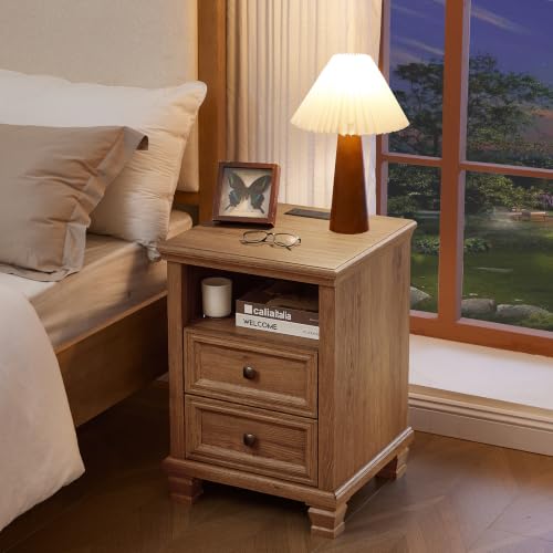Farmhouse Nightstand with Charging Station, Brown | End Tables Bedroom with 2 Drawers, Traditional Night Stand with Open Shelf & Thickened Top & Square Wooden Legs - color: Brown, size: 18"D x 18"W x 25"H (2 Drawers)