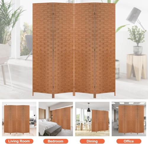 BLKMTY Room Divider, 6ft Folding Privacy Screens, Wall Divider Portable Room Seperating Freestanding Wood Screen, 4 Panels Hand-Woven Design Screen Double Hinged Dividers for Bedroom, Natural - color: Natural