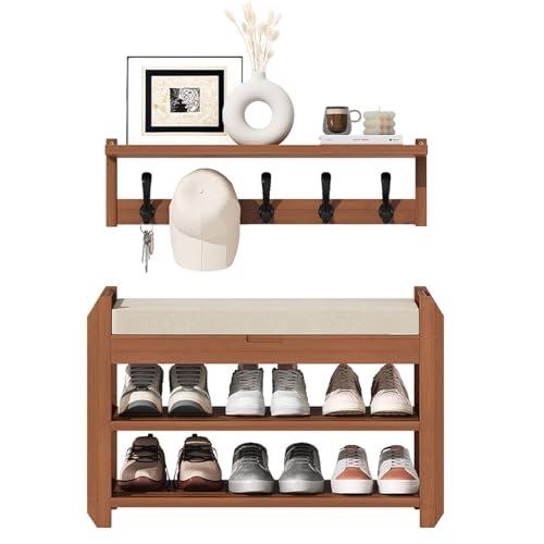 27.6" Bamboo Shoe Bench with Cushion, 5 Hooks Coat Rack, 2-Tier Storage Bench for Entryway, Heavy Duty Shoe Rack Organizer with Removable Soft Cushion for Living Room Bedroom Hallway - size: 27.6" 2-Tier