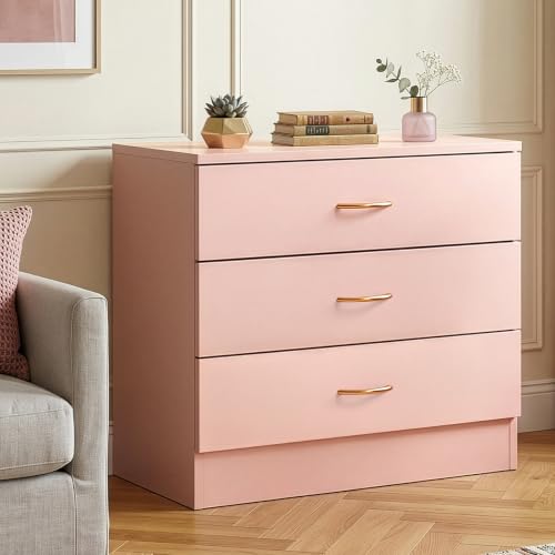 Karl home Wide Pink 3 Drawer Dresser, Modern Storage Chest for Bedroom | Small Wood End Table, Space-Saving Drawer Cabinet with Rose Gold Handle, Multi-Scene Furniture for Nursery, Living Room - color: Pink, size: 13"D x 26"W x 22"H (3 Drawers)