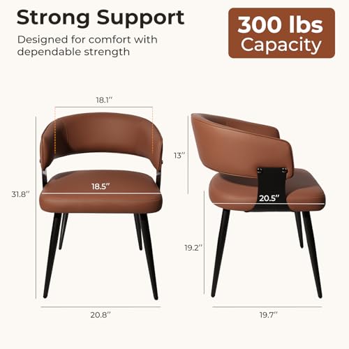 Dining Chairs Set of 2, Modern Upholstered Faux Leather Kitchen Chairs with Curved Back, Easy to Assemble & Clean for Dining Room, Restaurant, Cafe, Brown | Faux Leather Upholstery, Curved Back, Metal Legs, Easy Clean, Dining Room, Kitchen, Breakfast Nook