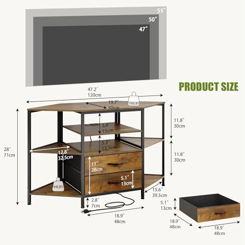Corner TV Stand for 55 Inch TV with Drawers, Brown | Farmhouse Entertainment Center; Fits TVs up to 55"; Corner TV Console; 2 Storage Drawers; Built-In Power Outlet