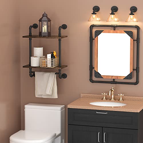 Helsin 2 Tier Industrial Pipe Floating Bathroom Shelves Wall Mounted with Towel Bar, Rustic Wood Wall Shelf, 16 Inch Metal Towel Rack Storage Bookshelf for Bathroom, Kitchen, Farmhouse, Living Room - color: Brown, size: 16inch