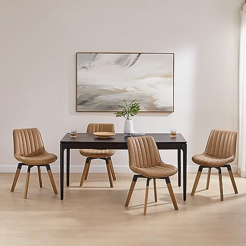 Mid Century Upholstered Swivel PU Dining Chairs Set of 4 Brown | 360° swivel curved foam-padded seat armless design dining room chairs accent chairs solid wood legs floor protection pads - color: Brown, size: Set of 4-PU