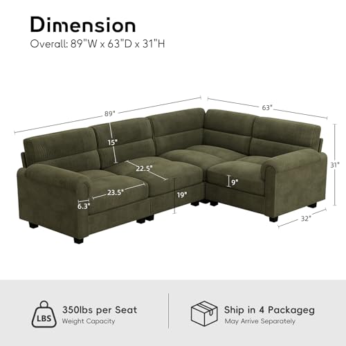 Bonzy Home Modular Sectional Sofa for Living Room, Comfy Green Corduroy 4-Seat L Shaped Sofa with Overstuffed Cushion and Rolled Arms, Modern Couch for Bedroom, Apartment, Office - color: Green, size: 4-seater(L-shaped)