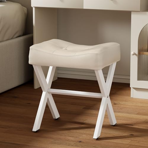 18-Inch Leather Vanity Stool Chair, Beige Makeup Stool | Vanity Bench, Metal X-Leg, Ottoman Accent Stool, Thick Padded Saddle Seat, 300 LBS, 16.3"x12.4"x18", For Living Room Bedroom - size: Small, style: Beige Leather