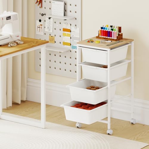 RELAX4LIFE 4-Drawer Rolling Storage Cart - Mobile Art Supply Craft Organizer on Wheels w/Wooden Tabletop & Metal Frame, Utility Storage Cart for Home Living Room Office Classroom (White, 28”H) - color: White, size: 28”H
