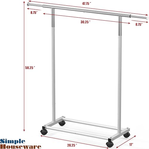 Simple Houseware Standard Rod Garment Clothing Rack, Silver | Single Rail, Extendable Width from 30 to 47 Inches, Rolling Clothing Organizer for Bedroom, Laundry, Living Room - color: Silver