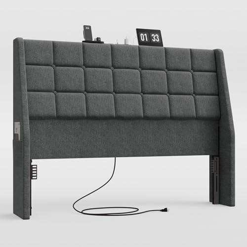 Ergonomic Upholstered Headboard Queen Size w/Charging Station, Linen Wingback Headboards w/Storage Pocket, Queen Headboard Only, Bed Frame Adapters, Sturdy Stable Solid Wood Bed Head Board, Dark Grey - color: Dark Grey, size: Queen