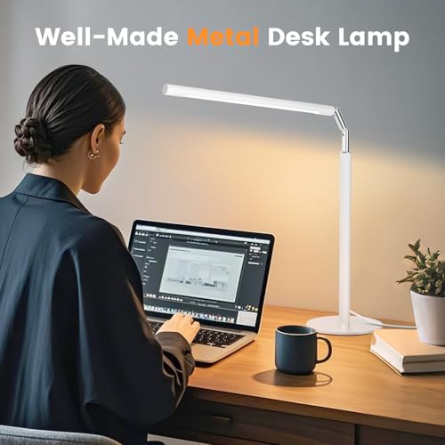 White LED Desk Lamp - Foldable Industrial Desk Light for Home Office, 15W Dimmable Table Lamp for Reading with Base, 4 Color Temps, 16" Eye Caring Metal Desktop Task Lamp for College Dorm Study - color: White