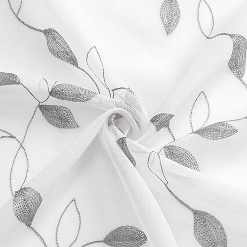 Tollpiz Grey Leaf Sheer Tier Curtain Kitchen 30 x 36 Inches | Leaves Embroidered Curtains Rod Pocket Voile Bathroom Window Treatment for Cafe, Set of 2 Panels - color: Grey, size: 30"W x 36"L (Pack of 2)