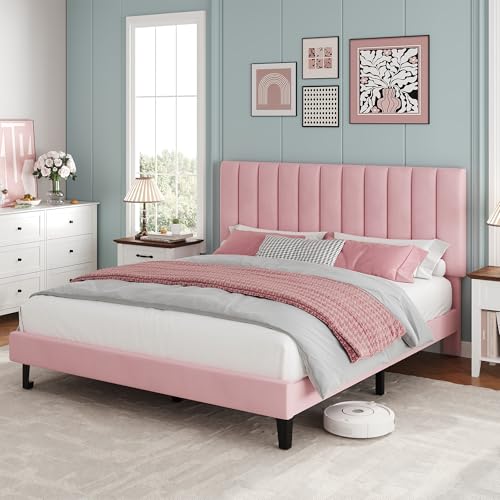 Garvee Queen Size Platform Bed Frame with Upholstered Headboard, Pink | Fully Velvet Upholstered Mattress Foundation with Height Adjustable Headboard, No Box Spring Needed, Easy Assembly - color: Pink, size: Queen