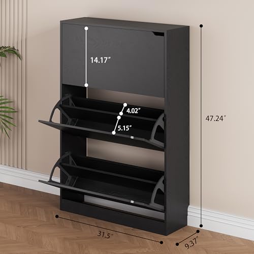Shoe Storage Cabinet, Wood Shoe Organizer for Entryway with 3 Flip Drawers, Freestanding Shoe Rack with Adjustable Shelf, Narrow Shoe Dresser for Front Door Entrance (Black, 3 Drawers) - color: Black, size: Regular 3 Drawers