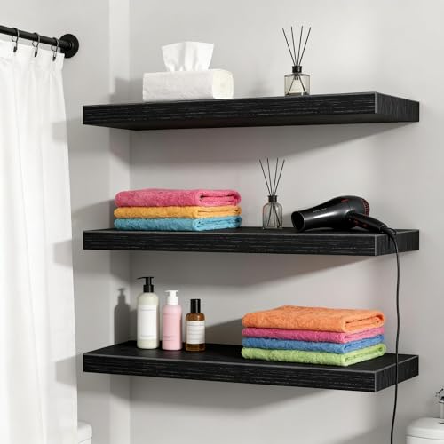 Vervida® Black Floating Wall Shelves 35.4in Set of 3 Books Storage Hidden | 3 Black Floating Shelves 35.4Inches for Bathroom, Rustic Wood Hanging Shelf for Books, Storage Decor Display Sturdy Shelf - color: Black, size: 35.4x9.3