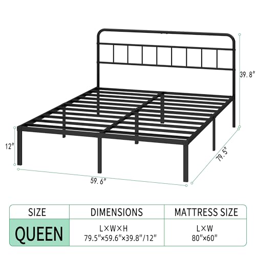 Queen Bed Frame with Classic Headboard, Black | Strong Metal Slats Support, Under Bed Storage Space, No Box Spring Needed, Easy to Assemble - size: Queen