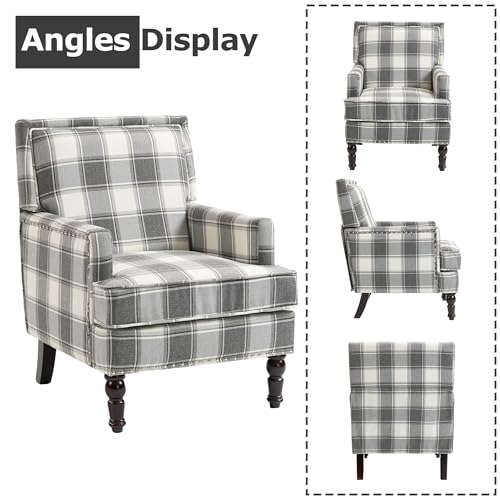 Accent Chair, Plaid Gingham Comfy Cozy Modern Accent Chairs | Mid-Century Upholstered Lounge Arm Chair with Solid Wood Frame for Living Room/Bedroom-Gray Plaid - color: Sackcloth-gray Plaid(s001)