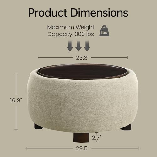 VKNOW 30" Round Storage Ottoman Coffee Table, Ottoman with Sotrage with Lift-Off Lid and Solid Wood Legs, Coffee Tables for Living Room, Bedroom, Apartments, Corners, Khaki - color: Khaki