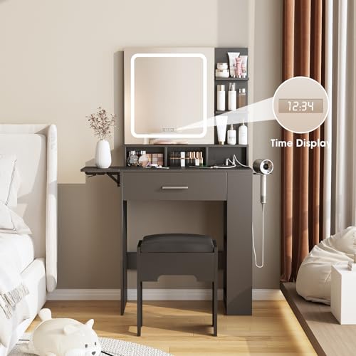 Fameill Vanity Desk with Mirror and Lights, Small Makeup Vanity | with Drawer & Storage Shelves, Black Dresser Table with Charging Station & Time Display, Vanity Set with Chair, for Bedroom