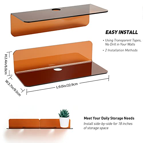 OAPRIRE Acrylic Floating Wall Shelves Brown, No Drill, 9 Inch 2 Pack | Strong Tape Adhesive Wall Shelf, Easy Installation, Hole Design with Cable Clips, Small Spaces Bedroom Bathroom Living Room - color: Brown