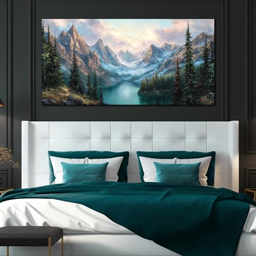 MXUNYZ Mountain Green Tree Lake Nature Landscape Prints Wall Art | 58x29 Inch Large Wall Art for Living Room, Art Work for Bedroom Walls,Hallway,Hotel,Home Office Wall Decor,Ready to Hang - color: Blue Green, size: 58"L x 29"W