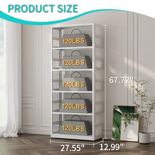SteeLoong 5 Tier Bookcase, 68" H Metal Bookshelf with 4 Adjustable Shelves | Mobile Bookshelf with Storage,White Heavy Duty Bookcase with 4 Adjustable Shelves,Tall Shelves for Living Room,Office,Pantry - color: White, size: 5-Tier 28"W