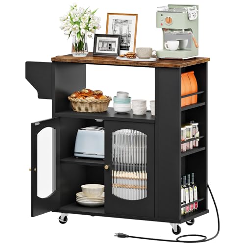 HOOBRO Kitchen Island with Power Outlet, Rolling Kitchen Island with Glass Doors and Open Storage Shelf, Island Table with Spice Rack, Towel Rack for Kitchen, Rustic Brown and Black BF53UZD01