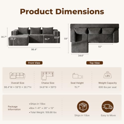 Modular Boneless L-Shaped Couches for Living Room with Side Pockets | Modern Sectional Boneless Corduroy Fluffy Couch Sofa with Deep Seat and Non-Slip Base, No Assembly, Dark Grey - color: Dark Grey, size: L-Shaped