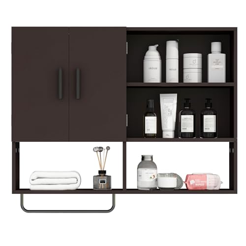 Bathroom Wall Cabinet with Towel Bar & 2 Doors, Espresso - color: Espresso