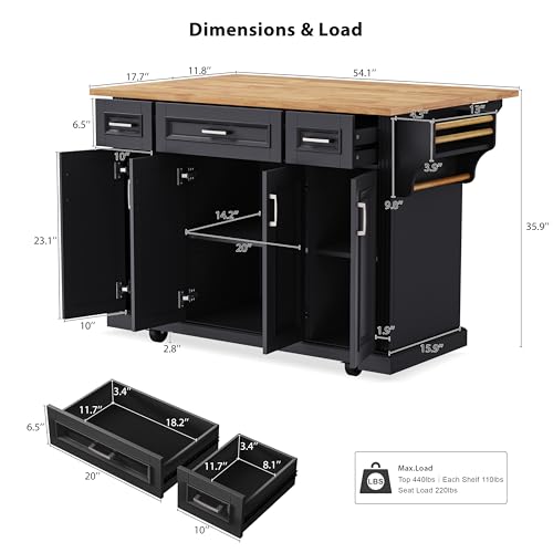 54inch Large Kitchen Island With Rubber Wood Drop Leaf,Embossed Texture Rolling Kitchen Cart On 4 Wheels With 4 Doors And 3 Drawers,Kitchen Island With Storage For Kitchen,Dining Room (Black-0t) - color: Black-0t)